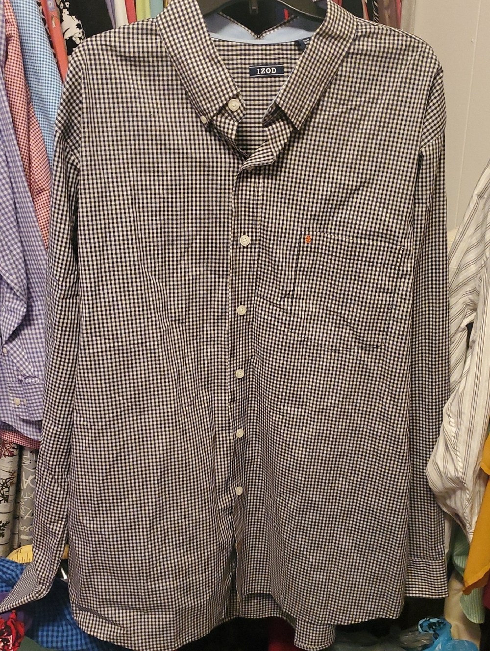 Izod Navy and White Micro Check Button-Down Long Sleeve Shirt